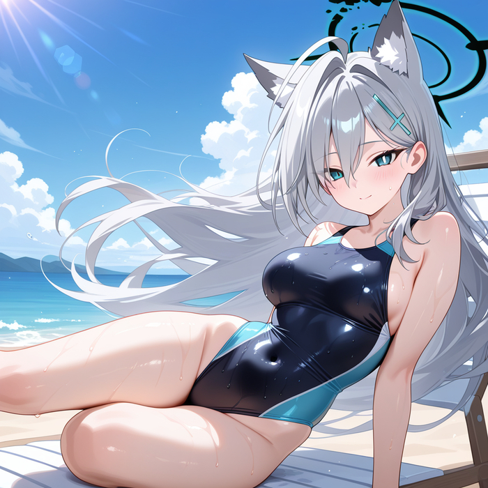 Shiroko & Shiroko , Anime Art, Blue Archive, Shiroko Terror, Sunaookami Shiroko, , One-piece swimsuit,  , , Animal Ears
